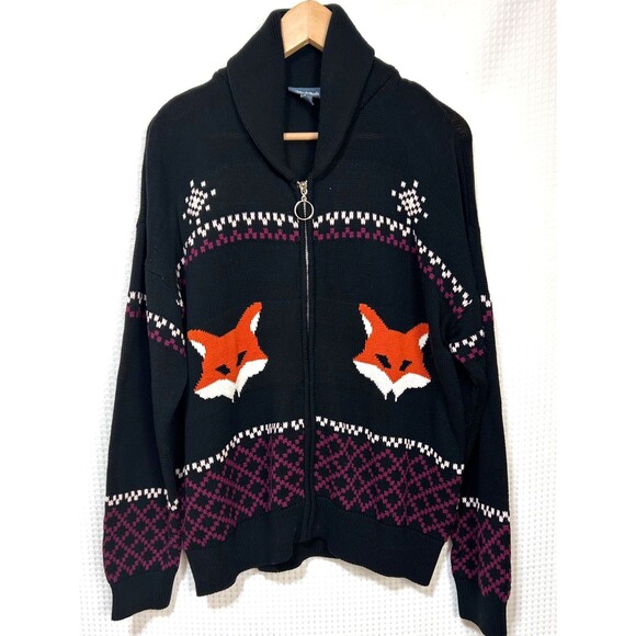 Modcloth Women's size XL No Fox Given Fair Isle Cardigan Sweater Black Full Zip - Picture 1 of 13